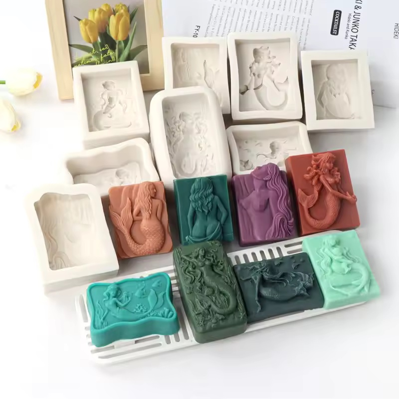 Soap Making Equipment For Beginners - แม่พิมพ์เทียนรูปนางเงือก 3 มิติ สไตล์มหาสมุทร แบบสี่เหลี่ยม แม่พิมพ์ซิลิโคนทำสบู่นางเงือกแบบนูน