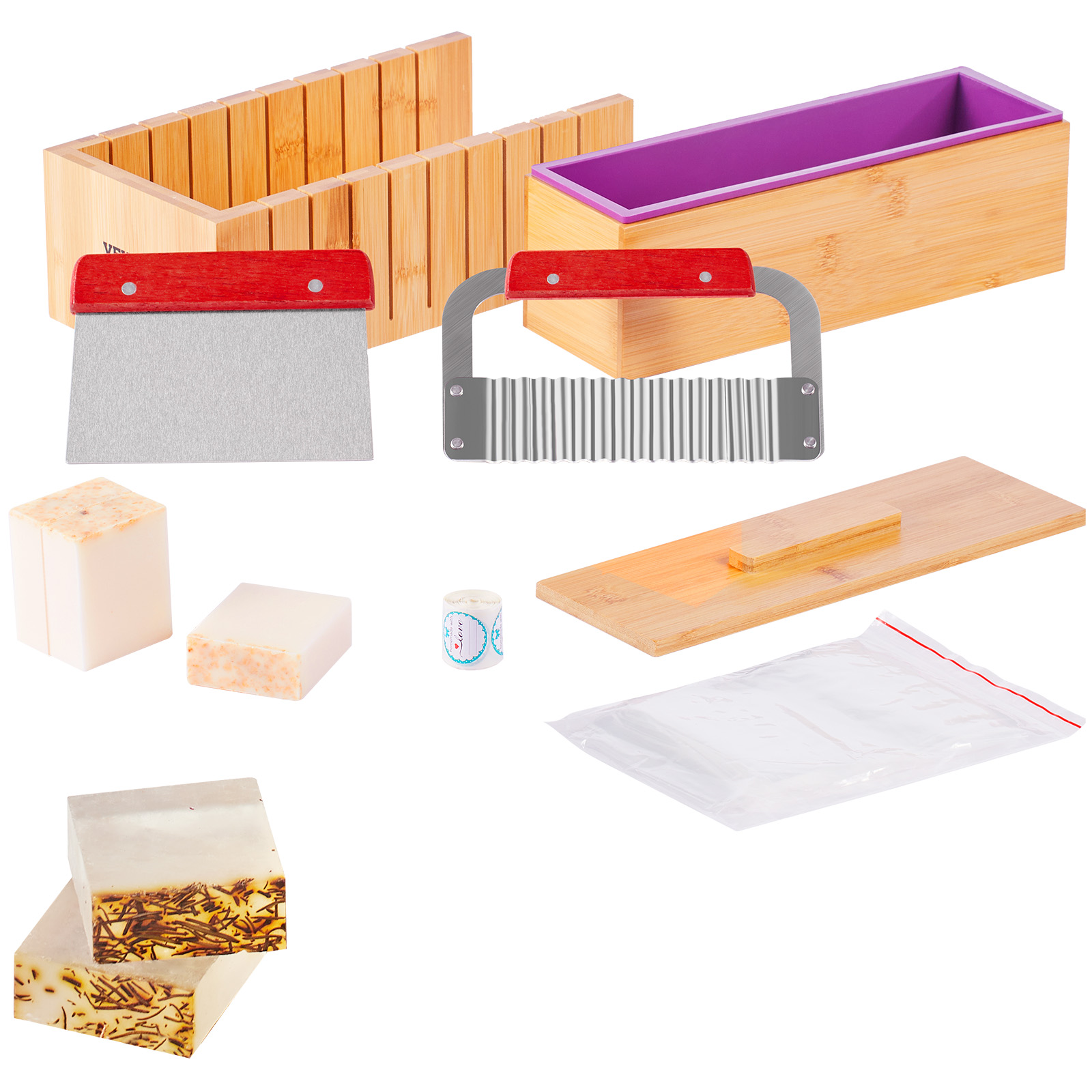 Soap Making Equipment For Beginners - ชุดทำสบู่ VEVOR กล่องตัดไม้ไผ่และกล่องด้านในพร้อมแม่พิมพ์ซิลิโคน ที่ตัดสแตนเลสแบบตรงและแบบลอน